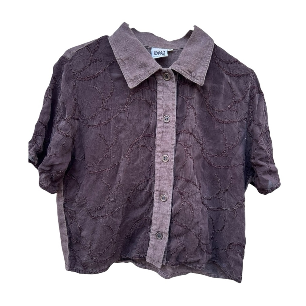 Johnny Was Sz Small Embroidered Brown Button Up Collared Crop Shirt Short Sleeve